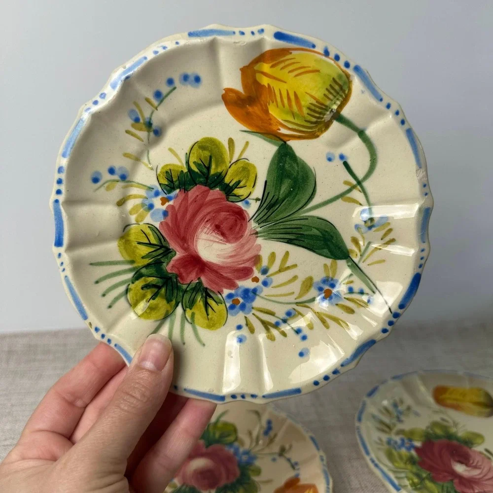 Vintage Italian Hand Painted Floral Plates | 1950s Nove Rose Style | Scalloped